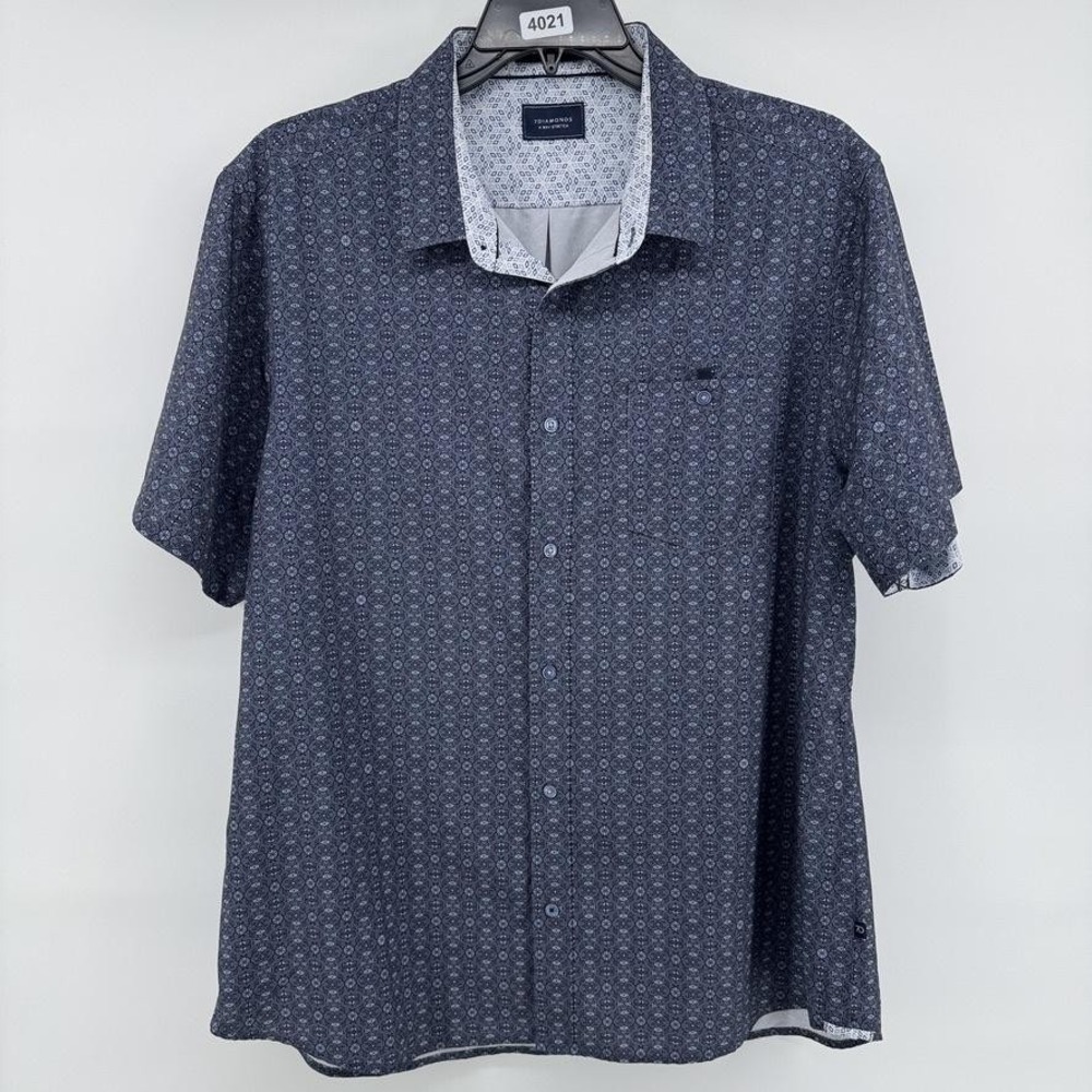 7 Diamonds Shirt 4 Way Stretch Mens 2XL Blue Geometric Short Sleeve Button Up